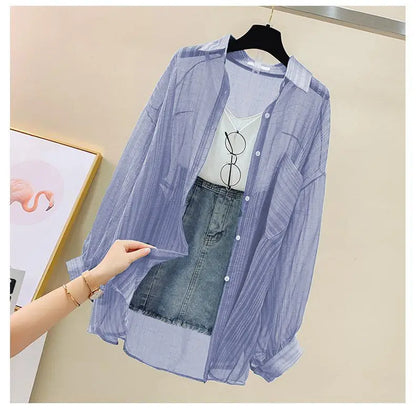 Summer Sunscreen Shirt – Elegant Thin Chiffon Korean Harajuku See-Through Loose Blouse & Casual Women’s Cardigan