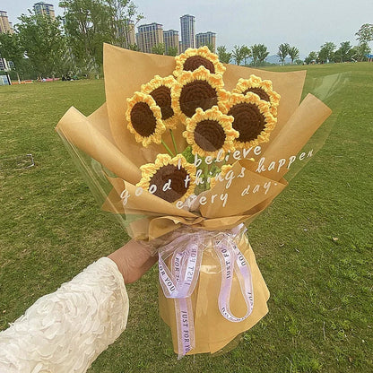 Tulip & Sunflower Knitting Flower Bouquet – Handcrafted Crochet Carnations, DIY Handmade Fake Flowers for Decor