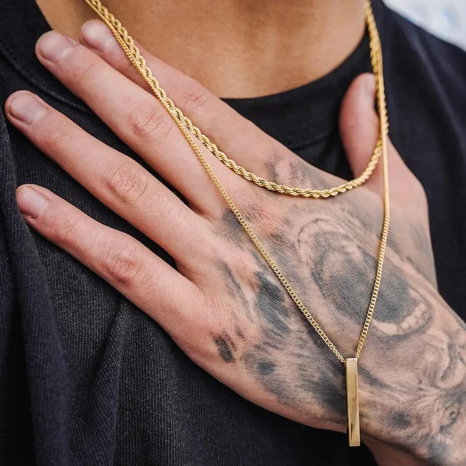 Vnox 3D Vertical Bar Necklace for Men – Layering Stainless Steel Geometric Pendant with Layered Wheat Rope Cuban Chain – Stylish Boy Collar