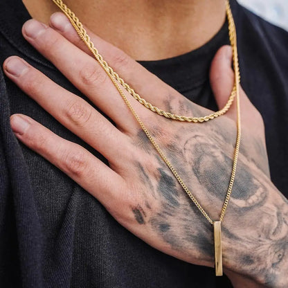 Vnox 3D Vertical Bar Necklace for Men – Layering Stainless Steel Geometric Pendant with Layered Wheat Rope Cuban Chain – Stylish Boy Collar