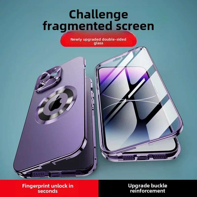 Magnetic Absorption Phone Case for iPhone 16/15/14/13 Pro Max – Aluminum Alloy & Glass Full-Body, Anti-Fall Protection