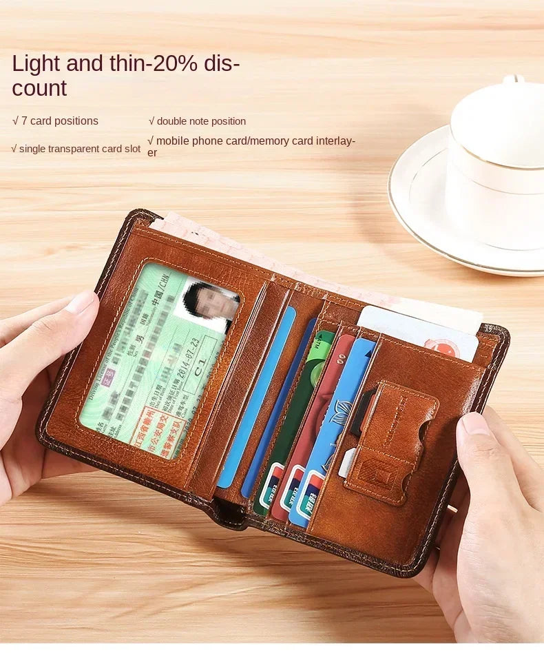 Genuine Leather Men’s Wallet – RFID Blocking Trifold, Vintage Thin ID & Credit Card Holder, Multi-Function Purse