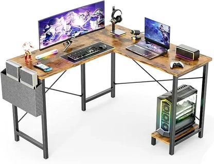 L-Shaped Computer Desk – Wooden Corner Gaming Table with Side Storage Bag for Home Office, Small Spaces, White