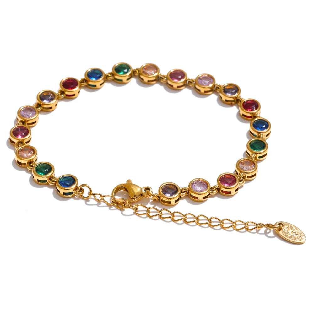Yhpup Colorful Cubic Zirconia Stainless Steel Luxury Jewelry Set – Waterproof Chain Necklace & Bracelet Gift for Women