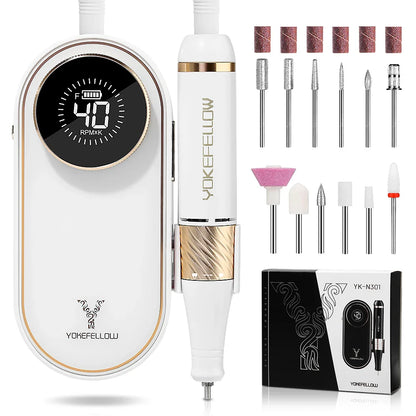YOKEFELLOW Professional Nail Drill – 40000RPM Rechargeable Electric Nail E-File, Cordless for Acrylic & Gel Nails
