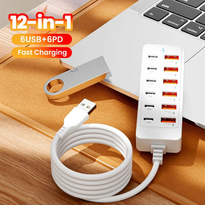 12-in-1 USB Charging Station - Fast Desktop Power Strip with USB Hub Adapter & 1M Cord for Home Office