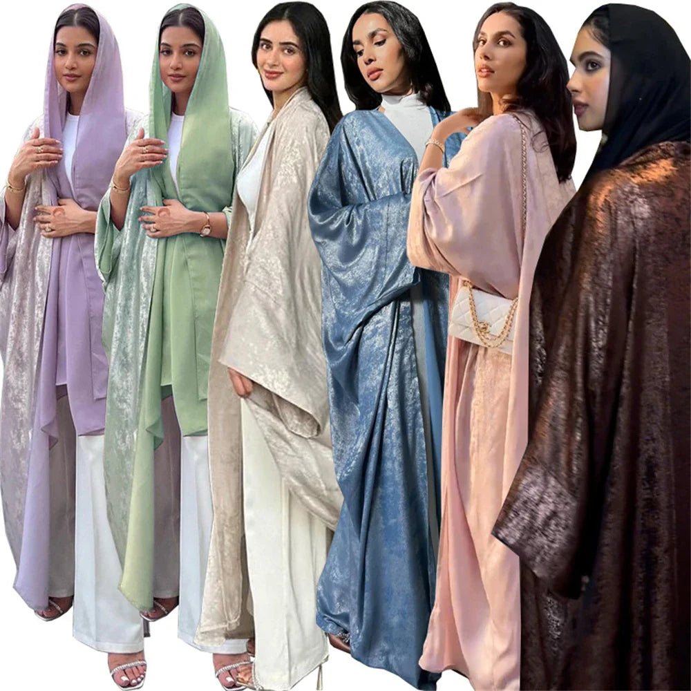 Women’s Shiny Satin Open Kimono Abaya – Luxury Dubai Ramadan Muslim Kaftan Dress