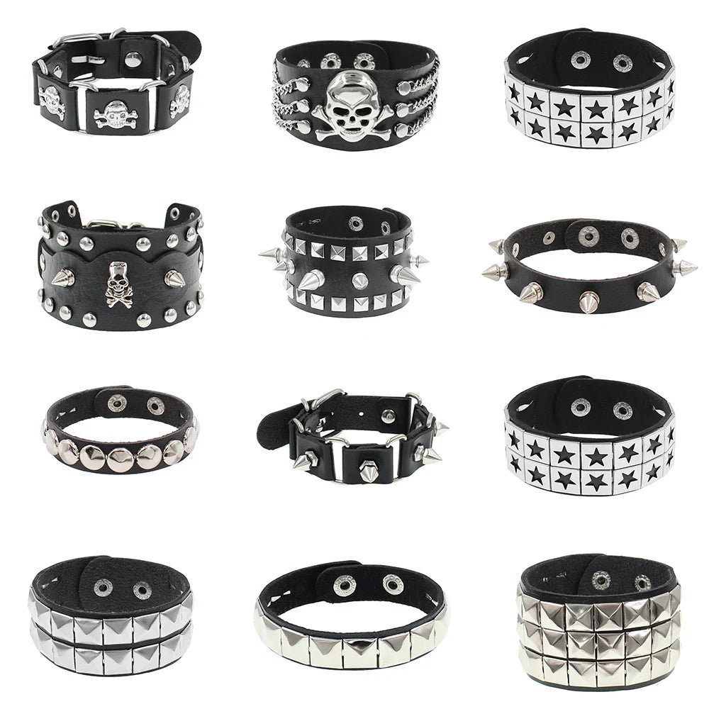 90s Punk Style Bracelet – PU Leather with 3 Rows of Spikes & Square Studs, Fashion Bangle for 2024