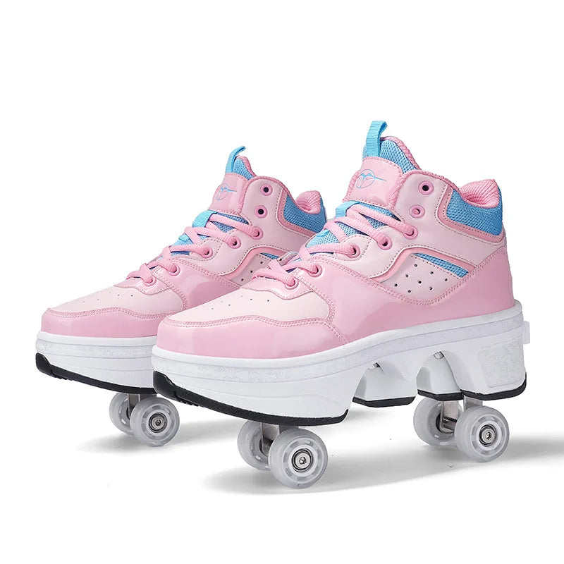 Dual Purpose Roller Skates Shoes - Adjustable Double Row 4-Wheel Deformation Roller Sneakers for Kids & Teens Size 33-44
