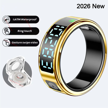 2026 R12 Smart Ring with Display Screen & Touch Control – Wireless Charging Health Tracker, 5ATM Waterproof Fitness Smart Ring for Men & Women