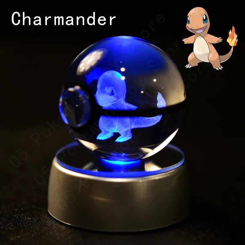 Pokemon 3D Crystal Ball Figurine — Pikachu, Gengar, Mew, Mewtwo Glass Statue with Lamp Base, Kids Birthday Gift