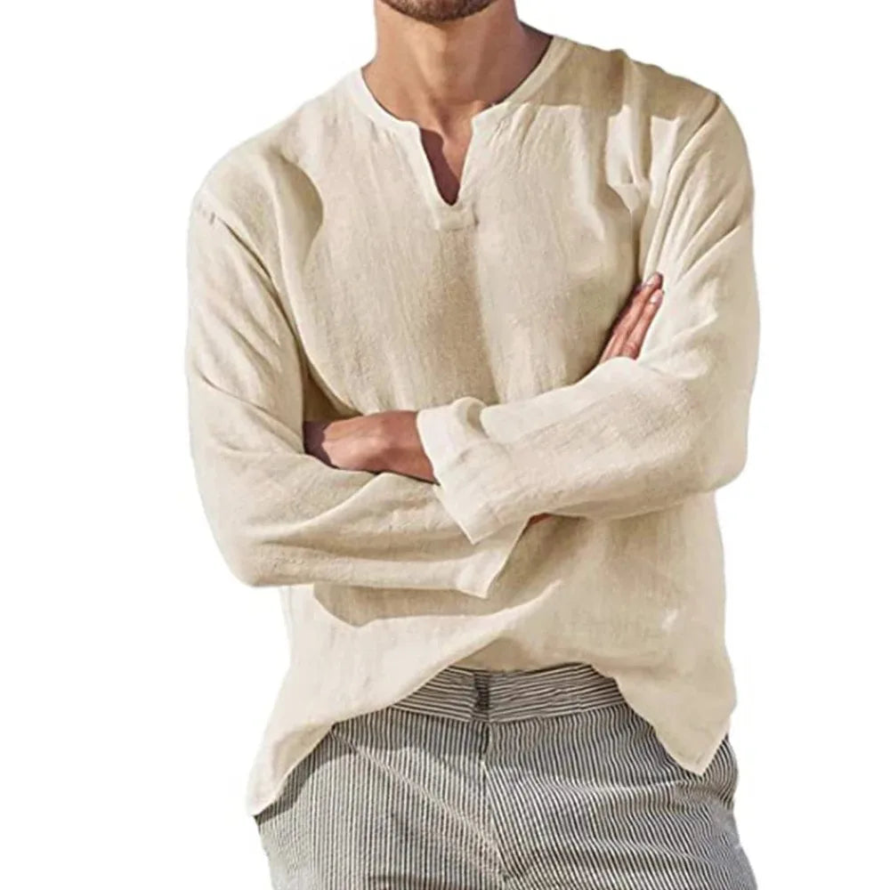 Men's Cotton Linen Shirt — Cozy Solid Color Long Sleeve V-Neck Casual Hawaiian Top, Lightweight & Breathable