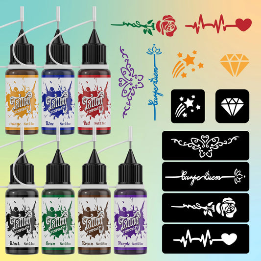 Temporary Tattoo Kit — 7 Mixed Color Pastes with 6 Stencil Designs, Easy-to-Use Henna Semi-Permanent Tattoo Set