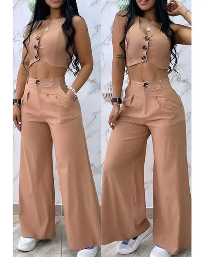Women’s 2024 Summer Two-Piece Set – Sexy Buttoned Crop Vest & High Waist Wide Leg Pants, Casual Elegant Outfit