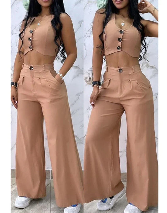 Women’s 2024 Summer Two-Piece Set – Sexy Buttoned Crop Vest & High Waist Wide Leg Pants, Casual Elegant Outfit