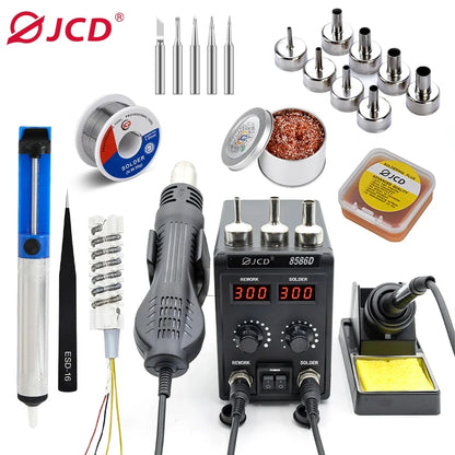 JCD 8586D 2-in-1 750W Soldering Station with Hot Air Gun – LCD Digital Display Electric Soldering Iron for SMD Welding & Rework