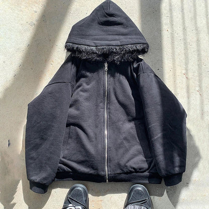 Casual Y2K Zip-Up Hoodie – Faux Fur Collar Harajuku Streetwear Rock Goth Punk EMO Sweatshirt Jacket