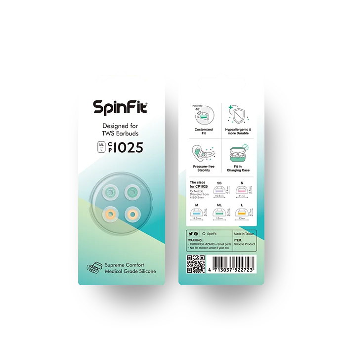 SpinFit CP1025 TWS Silicone Ear Tips – Patented Fit for True Wireless Earbuds, Compatible with MTW3, Jabra Elite 7 & Galaxy Buds 2