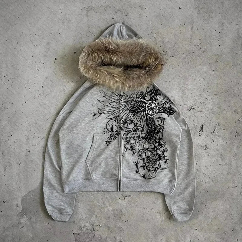 Y2K Unisex Graphic Hoodie Jacket - Thick Warm Zip-Up Streetwear for Fall and Winter