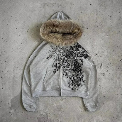 Y2K Unisex Graphic Hoodie Jacket - Thick Warm Zip-Up Streetwear for Fall and Winter