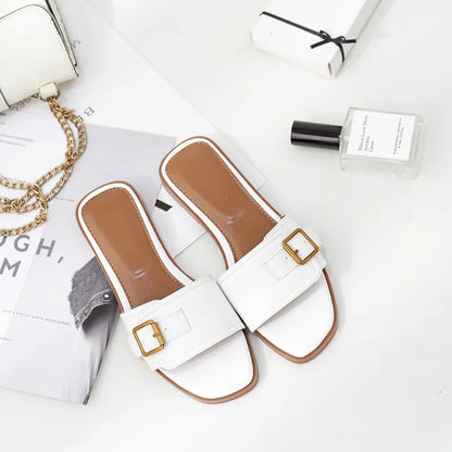 Women’s Flat Slippers — Summer Leather Square Toe Flats, Designer Slides & Luxury Sandals