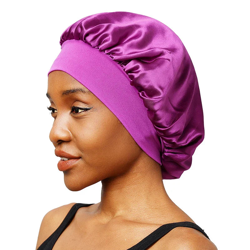 Ultimate Comfort: New Women's Satin Solid Wide-Brimmed Sleeping Hat - Unisex Elastic Band Cap for Hair Care - Bonnet de Nuit