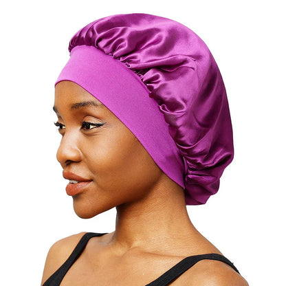Ultimate Comfort: New Women's Satin Solid Wide-Brimmed Sleeping Hat - Unisex Elastic Band Cap for Hair Care - Bonnet de Nuit