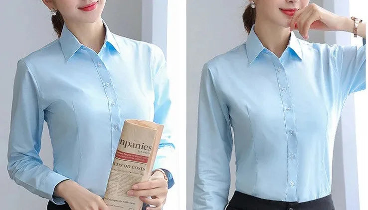 Women’s Solid Button Blouse — Long Sleeve Office Shirt, Elegant Work Top