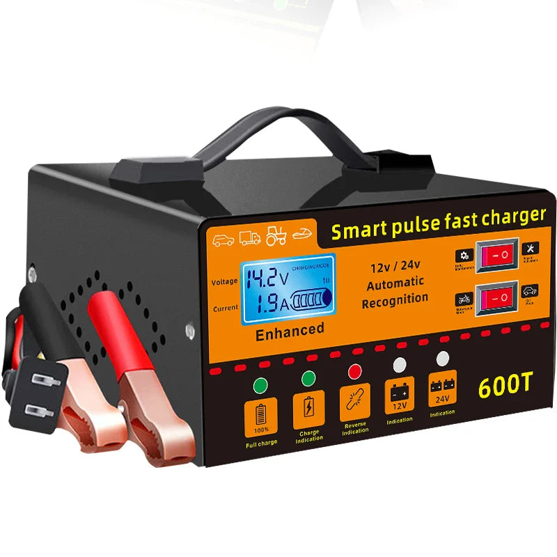 12V/24V Intelligent Car Battery Charger – Automatic Pulse Repair with LCD Display, Voltage & Temperature Detection, High Power Maintenance System