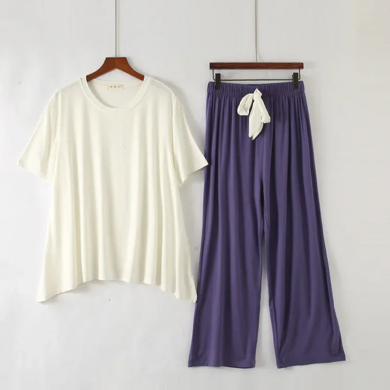Women's Summer Modal Pajamas Set – Lightweight Short Sleeve Top and Loose Trousers Two-Piece Homewear