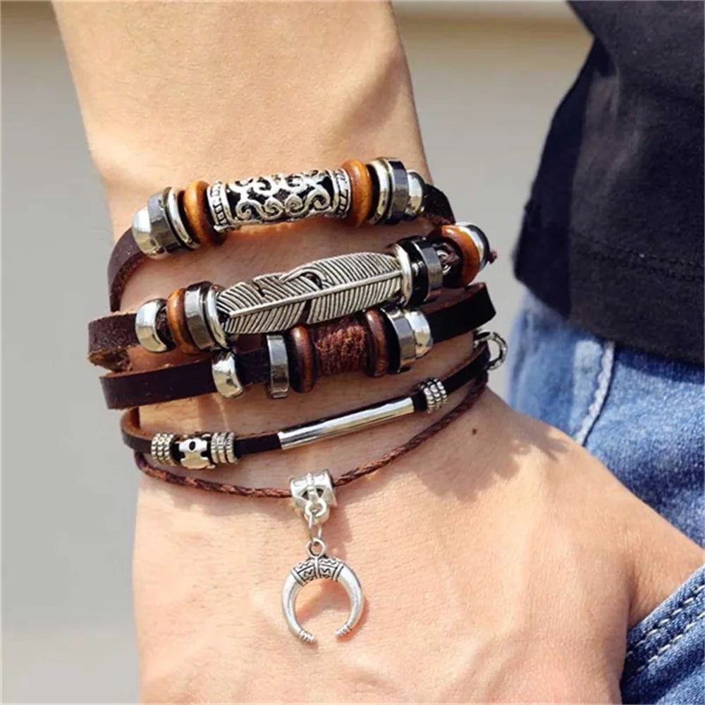 Vintage Gothic Punk Moon & Star Metal Bracelet - Multilayer Leather Bangle for Men, Leaf & Sun Arm Jewelry