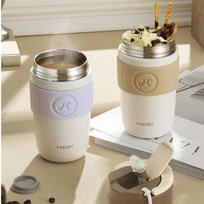 Travel Thermal Mug with Ceramic Liner – 316 Stainless Steel Vacuum Insulated Coffee Cup with Straw, Heat Retention Water Bottle