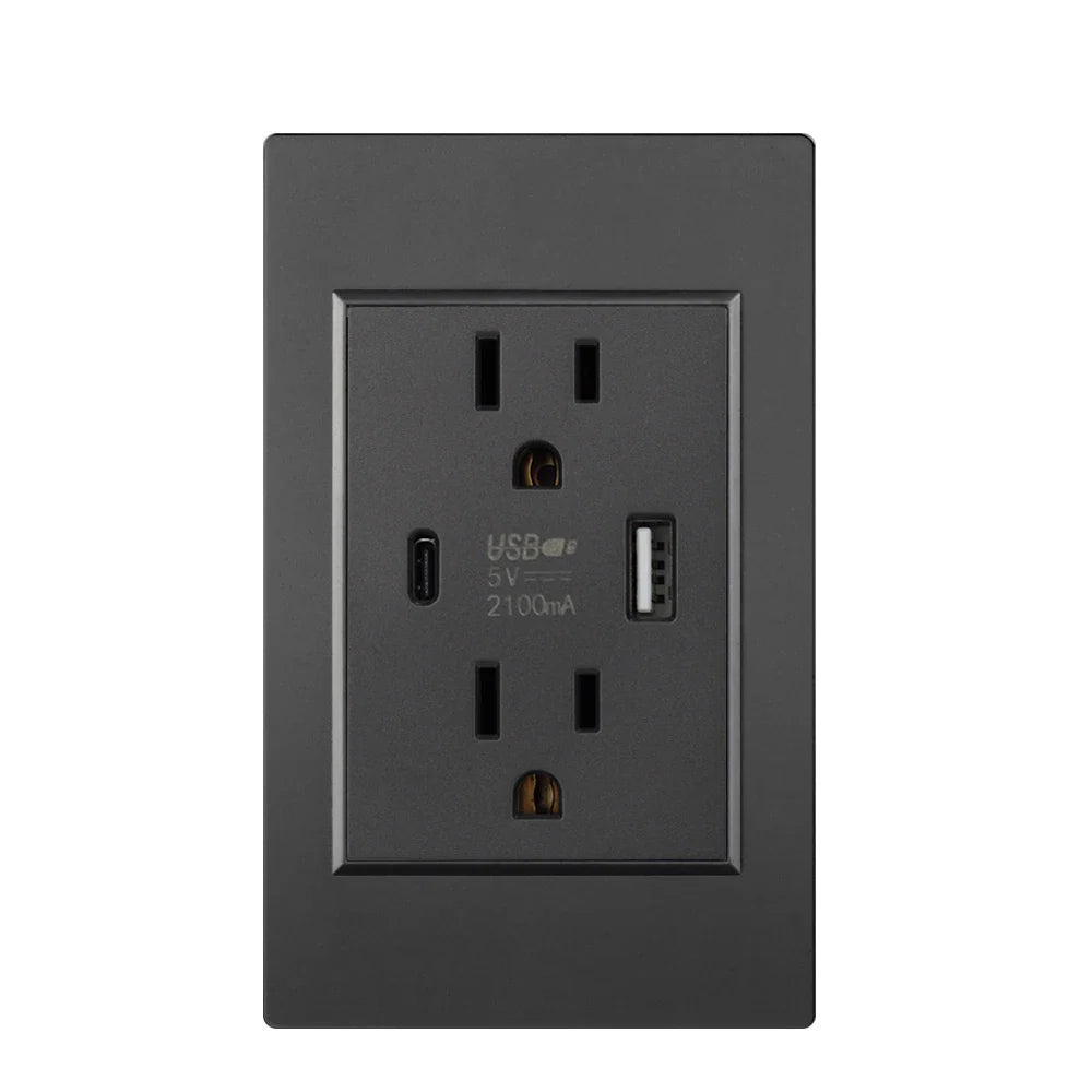 US Plug with USB Type-C Charging Port – 5V 2.1A, Household Electrical Wall Outlet for America & Mexico, 118x72mm PC Panel