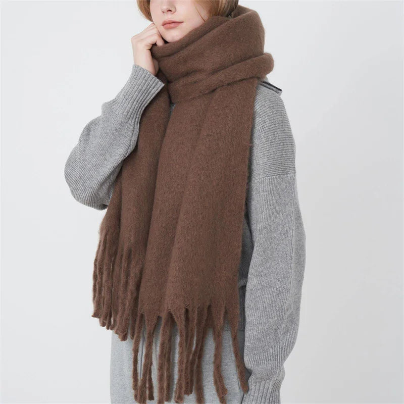 Luxury Cashmere Scarf for Women - Thickened Warm Shawl with Classic Tassels, Soft Solid Color Wrap for Autumn and Winter