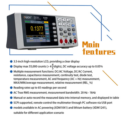 OWON XDM1041/XDM1241 Bench Digital Multimeter – 55000 Counts True RMS Voltmeter with 3.5'' LCD & Temperature Measurement
