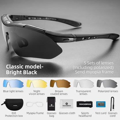 ROCKBROS Cycling Sunglasses — Polarized Photochromic MTB Sports Goggles with 5/3 Lenses