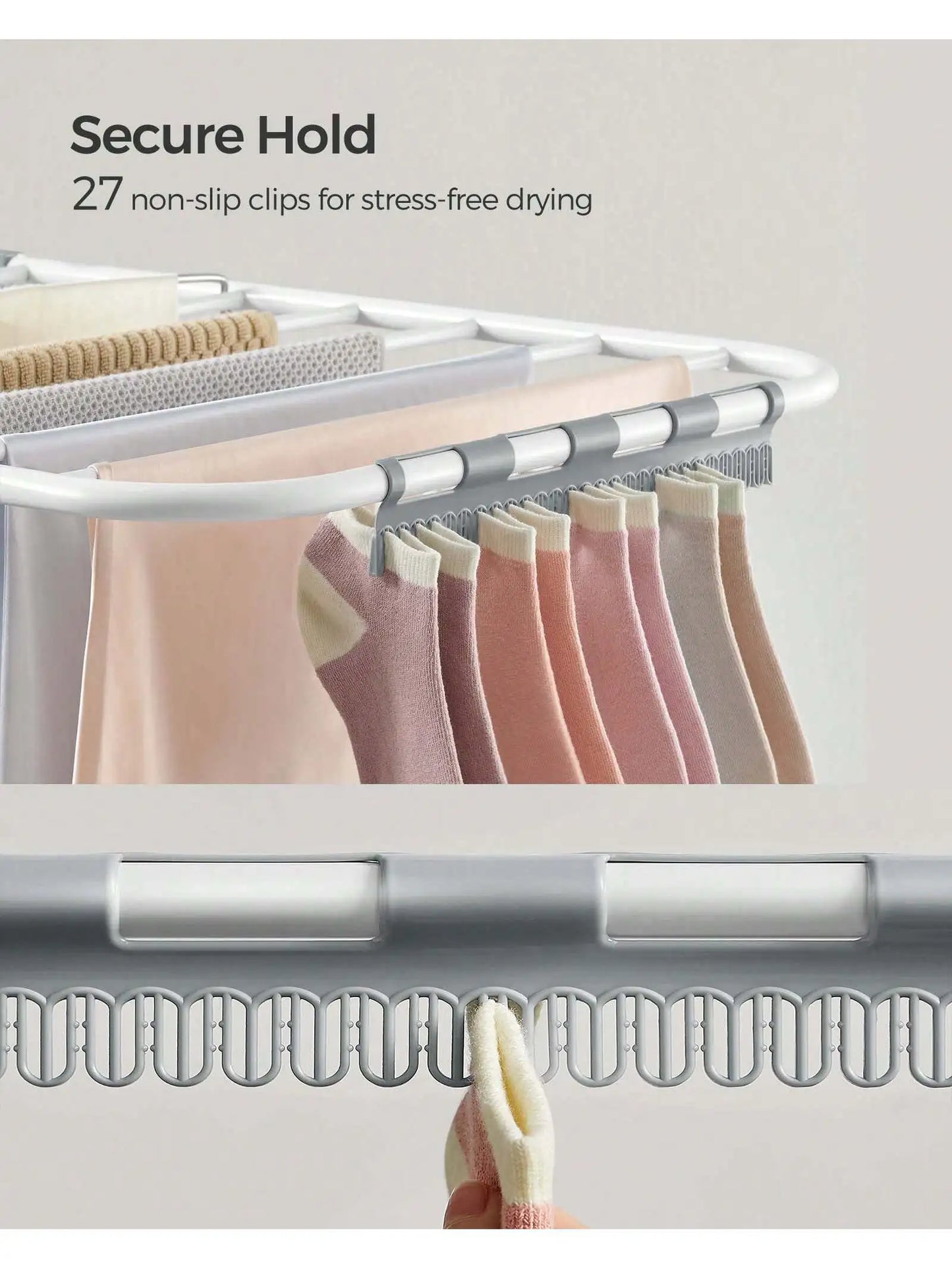 SONGMICS Foldable Clothes Drying Rack – Metal Laundry Airer with Sock Clips, Height Adjustable & Space-Saving Design