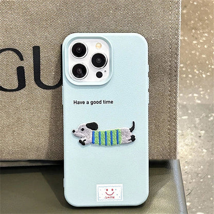 Cute Cartoon Dachshund iPhone Case – Litchi Texture Cover for iPhone 11–17 Pro/Pro Max/Plus/XS Max/XR