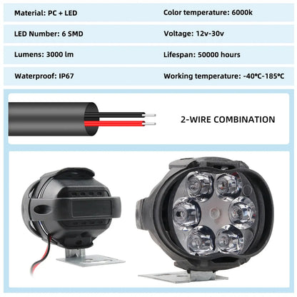 2PCS Work Lights: 6 LED Motorcycle Headlight Spot Light - Waterproof Super Bright Auxiliary Scooters, Universal 12v LED Bar