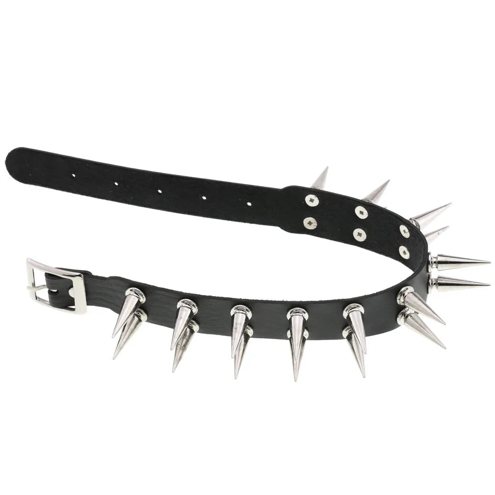 Long Spiked Choker Collar – Black PU Leather Punk Goth Necklace for Women & Men, Cosplay Jewelry Accessory