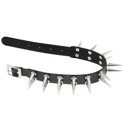 Long Spiked Choker Collar – Black PU Leather Punk Goth Necklace for Women & Men, Cosplay Jewelry Accessory