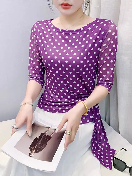 Women’s Polka Dot Mesh T-Shirt - Summer Half Sleeve Irregular Sweet Casual Top