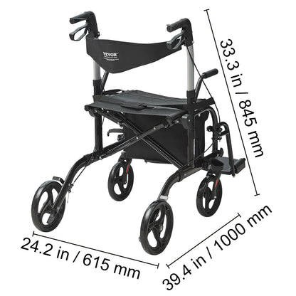 VEVOR 2-in-1 Rollator Walker & Transport Chair – Folding Aluminum Mobility Walker and Wheelchair Combo for Seniors