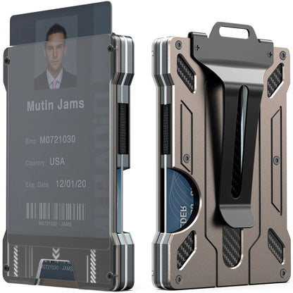 Slim Aluminum Minimalist Wallet for Men — RFID Blocking Money Clip with Clear ID Holder, Holds 15 Cards