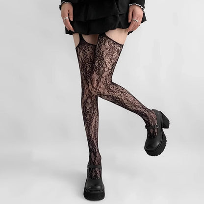 Lolita Floral Thigh High Tights - Colorful Sheer Fishnet Suspender Stockings for Girls & Women