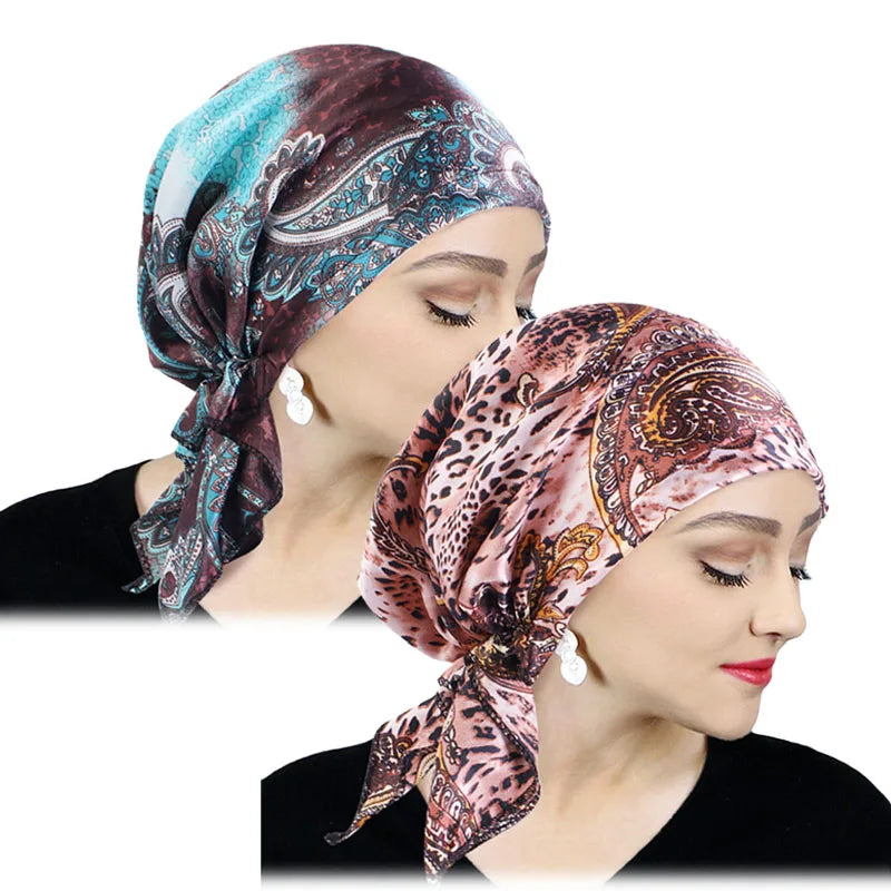 Women’s Satin Pre-Tied Turban – Paisley Pattern Muslim Headband & Chemo Hair Scarf Head Wrap Bandana