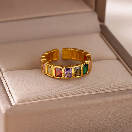 Colorful Cubic Zirconia Open Ring – Gold Stainless Steel Boho Vintage Jewelry for Women, Wedding & Party Gift