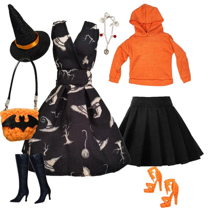 1/6 Doll Halloween Cosplay Outfit – Witch Dress, Cap, Belt, Bag & Broom for 12" BJD / 30cm Dolls