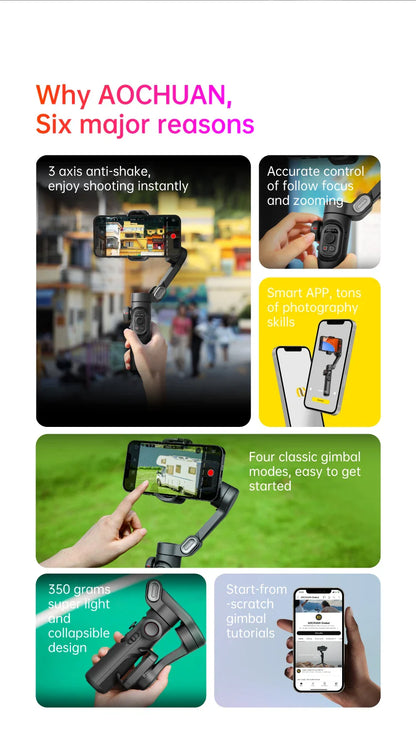 AOCHUAN 3-Axis Handheld Gimbal Stabilizer – SmartXE for iPhone & Android, AI Face Tracking for TikTok & Vlog Videos