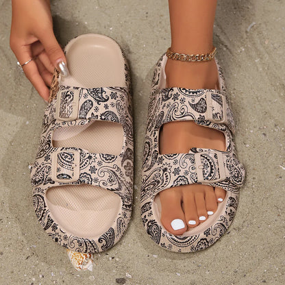 Summer Vacation Women's Slippers – Adjustable Double-Buckle Pillow Platform Sandals for Beach & Travel